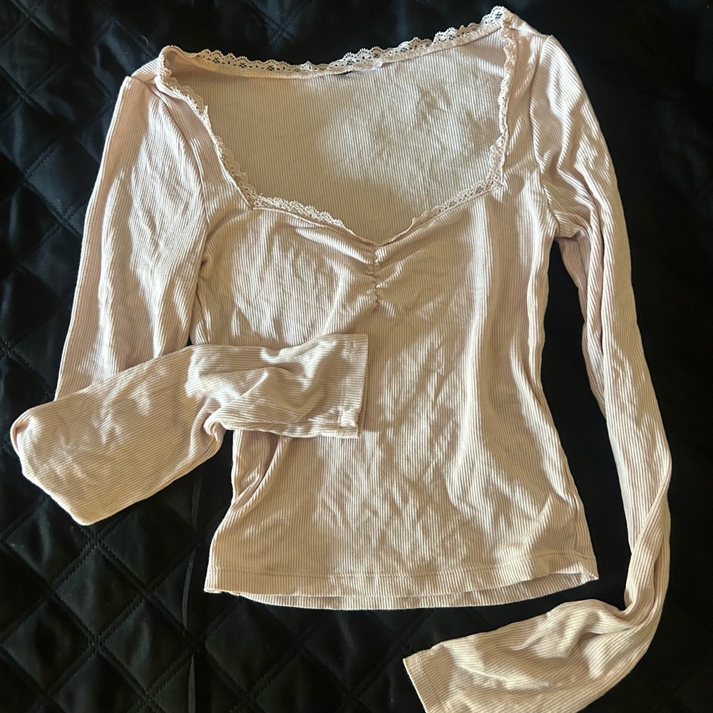 H&M Light Pink Long Sleeve Top with Lace Trim